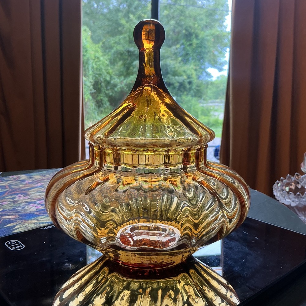 Vintage 8" Empoli Amber Glass Apothecary Jar Ribbed Optic Circus Tent Lid